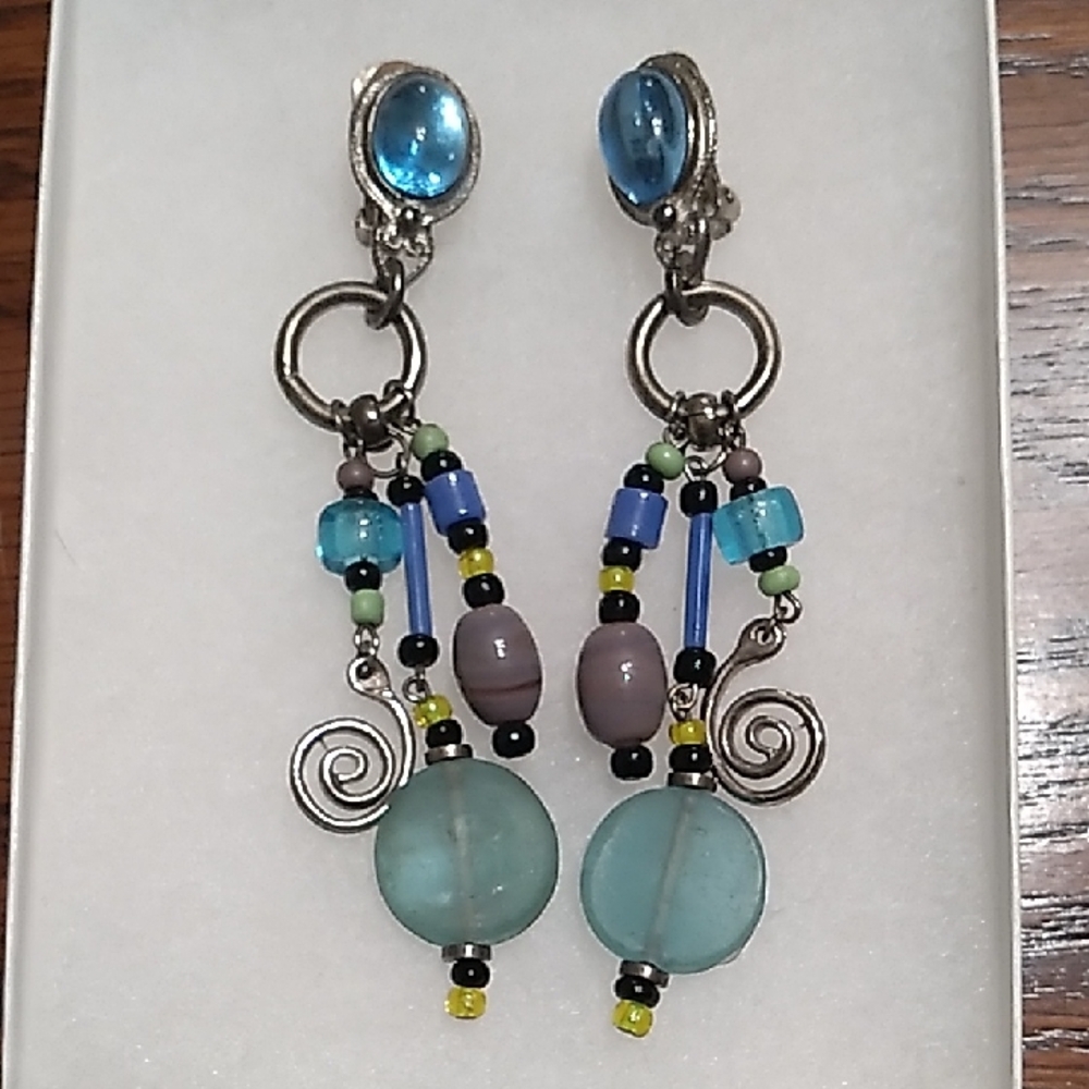 Robert Rose Aqua and Blue Beaded Dangle Earrings